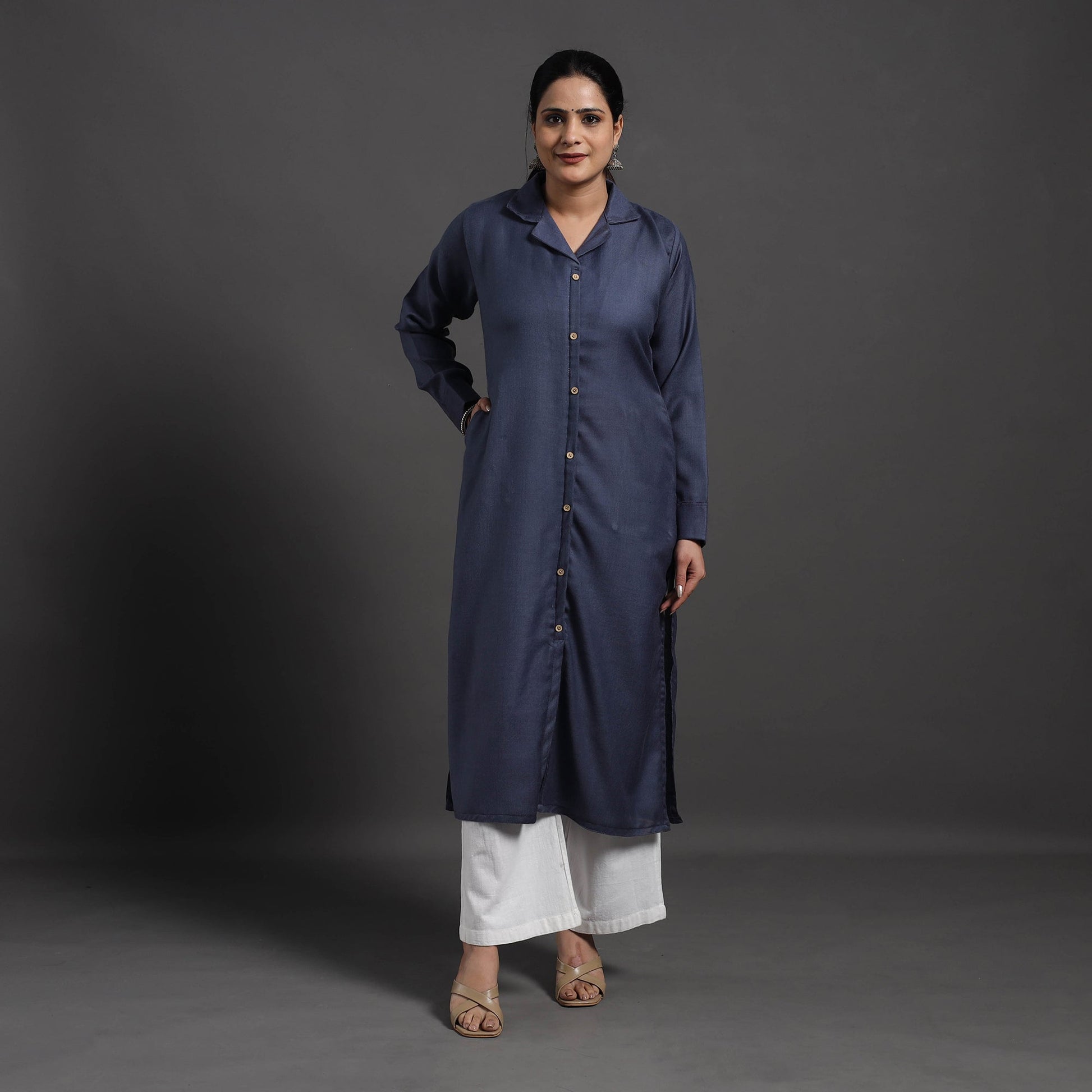 Blue - Azreen Plain Merino Woolen Kurta