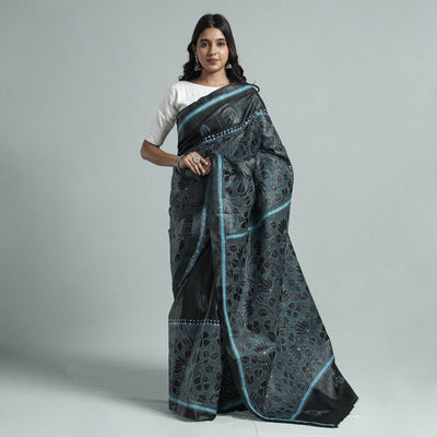 Black - Bengal Kantha Hand Embroidery Pure Tussar Silk Handloom Saree