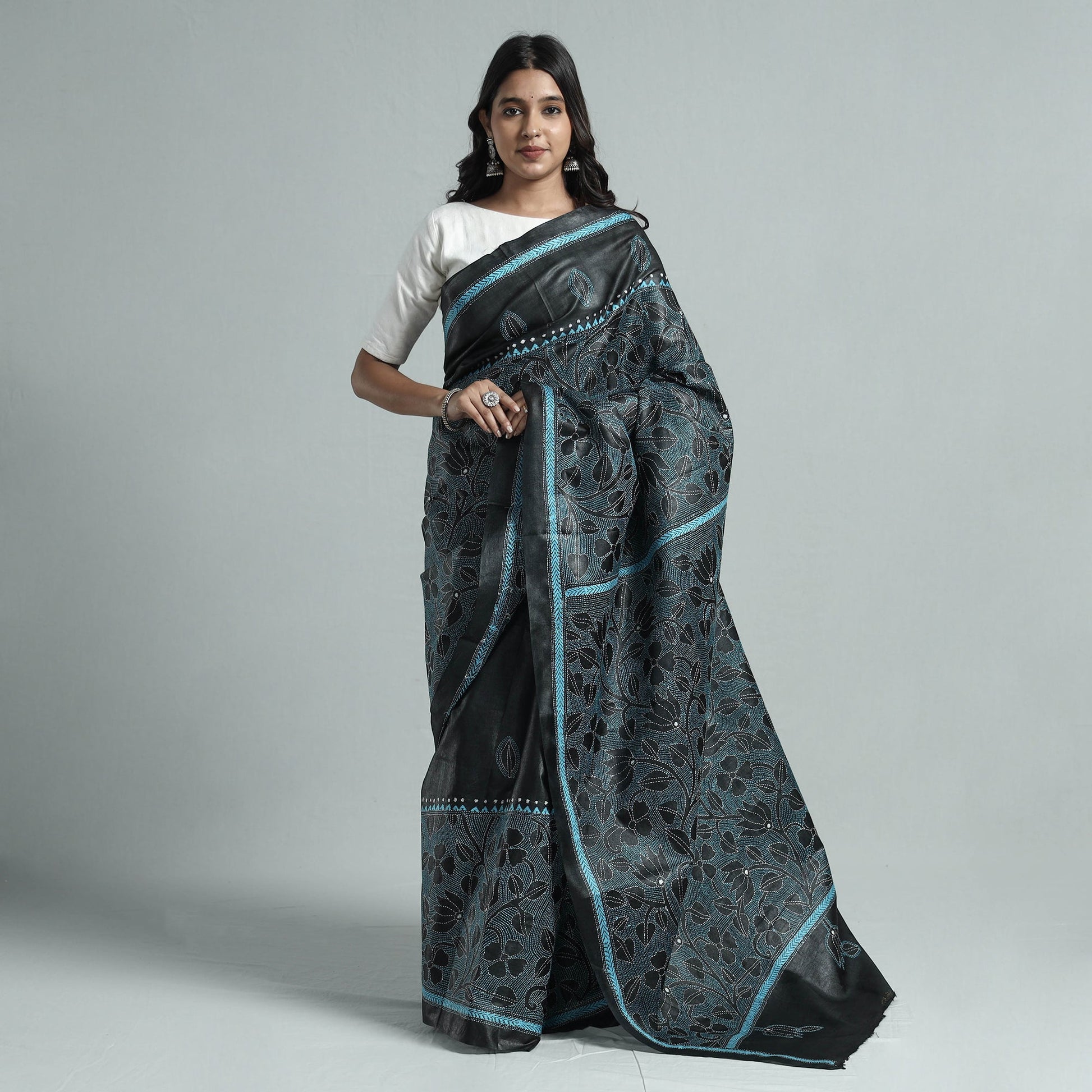 Black - Bengal Kantha Hand Embroidery Pure Tussar Silk Handloom Saree