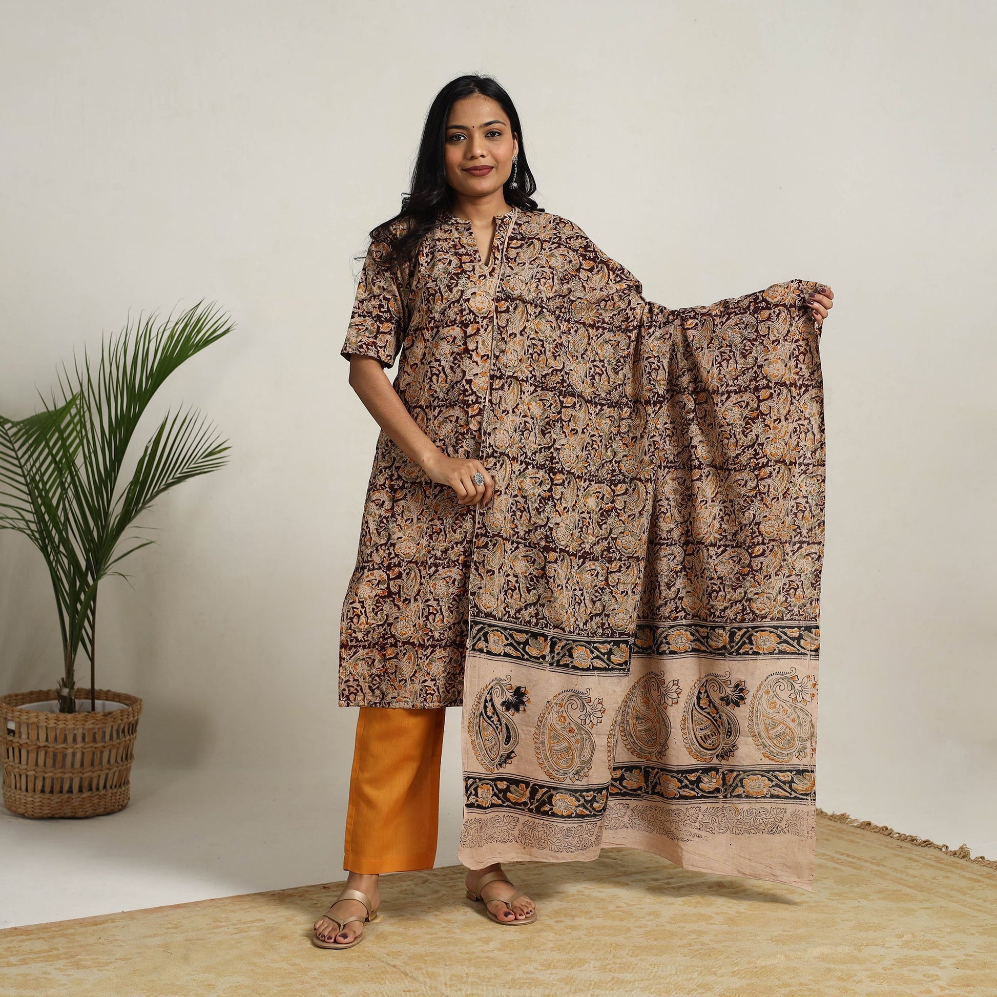 Brown - Block Printed Cotton Kalamkari Kurta Set 24