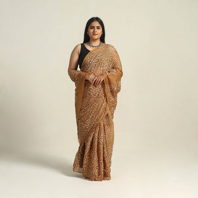 Brown - Kutch Bandhani Tie-Dye Cotton Saree with Blouse Piece