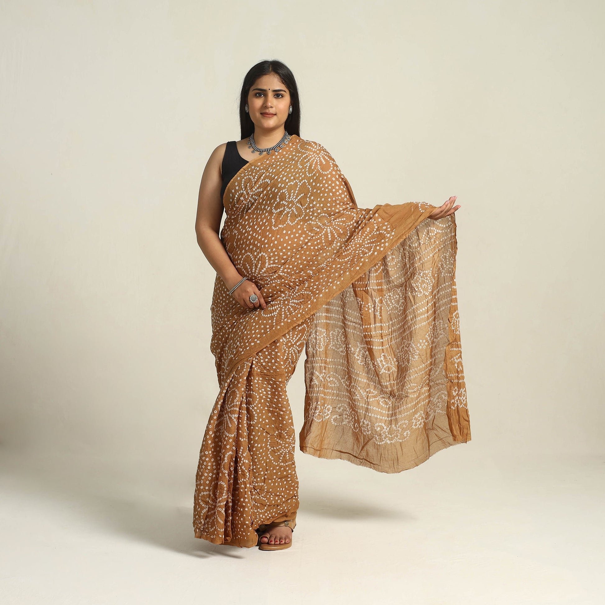 Brown - Kutch Bandhani Tie-Dye Cotton Saree with Blouse Piece