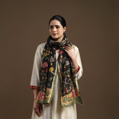 Black - Handpainted Chanderi Silk Pen Kalamkari Stole 02
