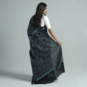 Black - Bengal Kantha Hand Embroidery Pure Tussar Silk Handloom Saree