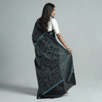 Black - Bengal Kantha Hand Embroidery Pure Tussar Silk Handloom Saree