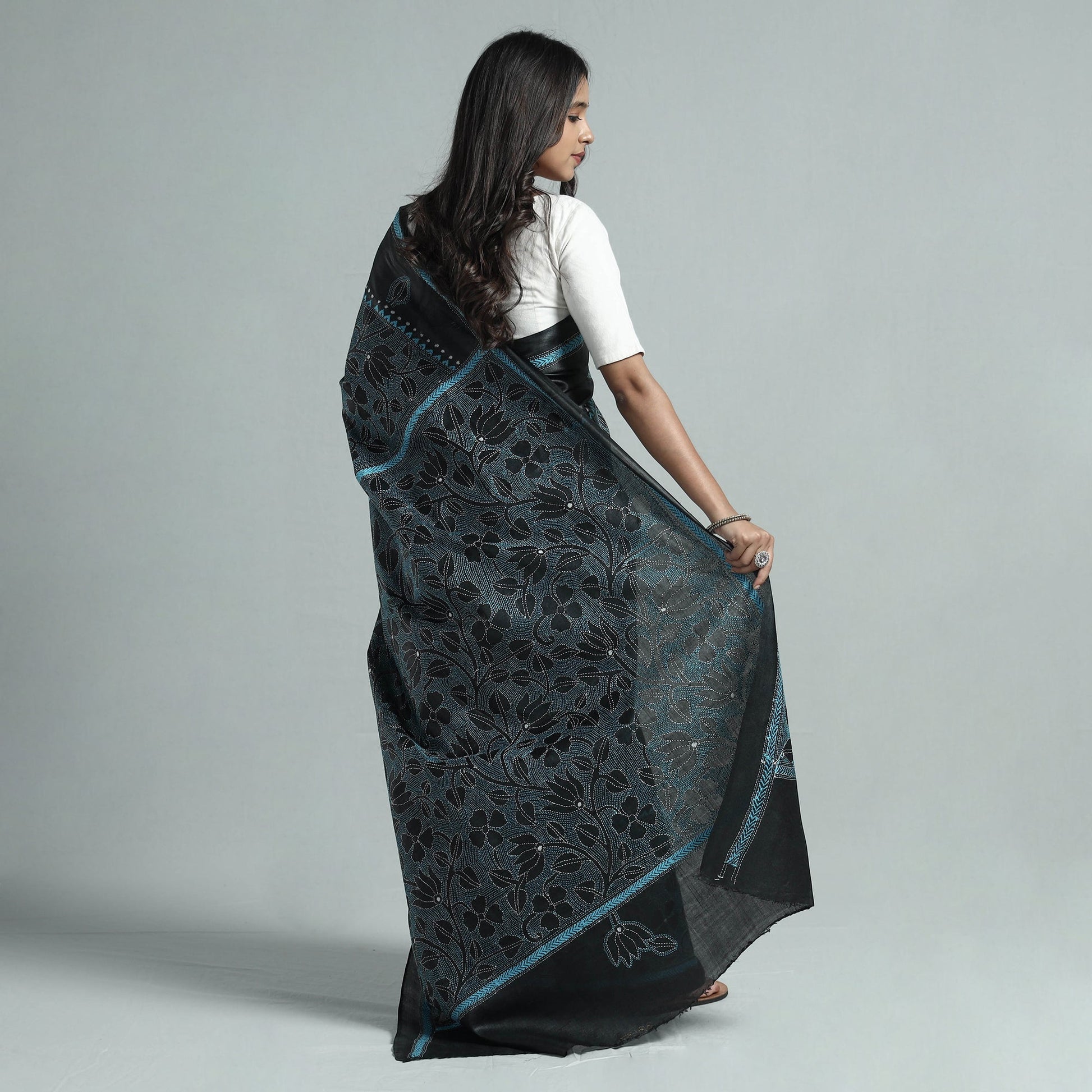 Black - Bengal Kantha Hand Embroidery Pure Tussar Silk Handloom Saree