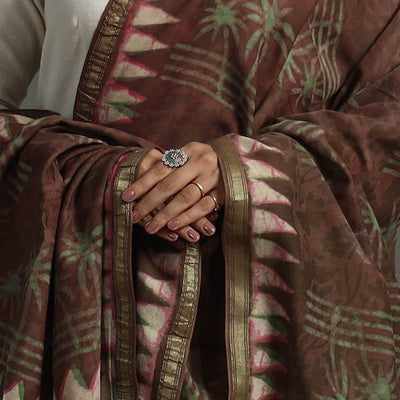 Brown - Block Printed Chanderi Silk Bagru Dupatta 16