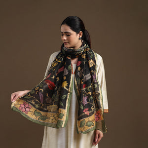 Black - Handpainted Chanderi Silk Pen Kalamkari Stole 02
