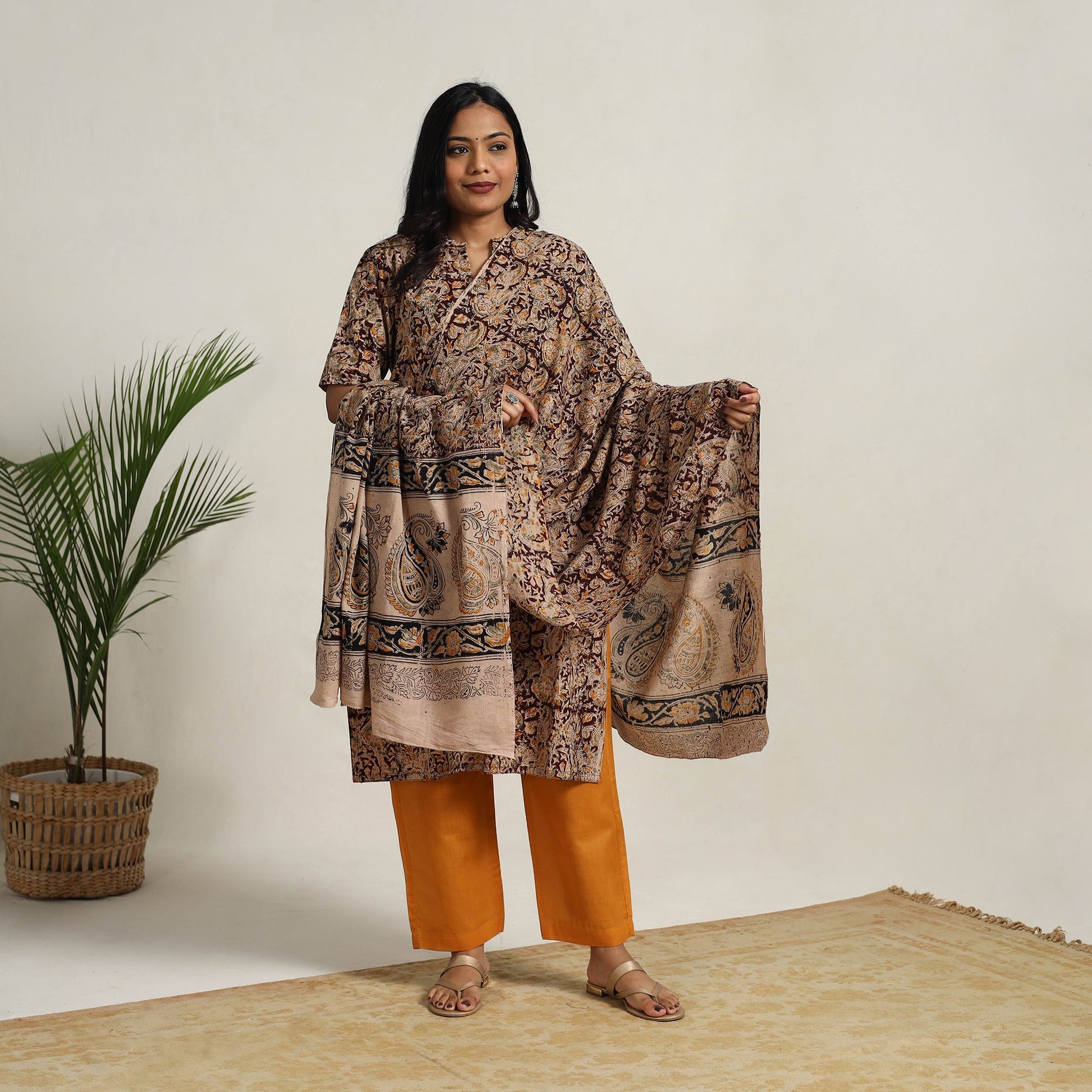 Brown - Block Printed Cotton Kalamkari Kurta Set 24