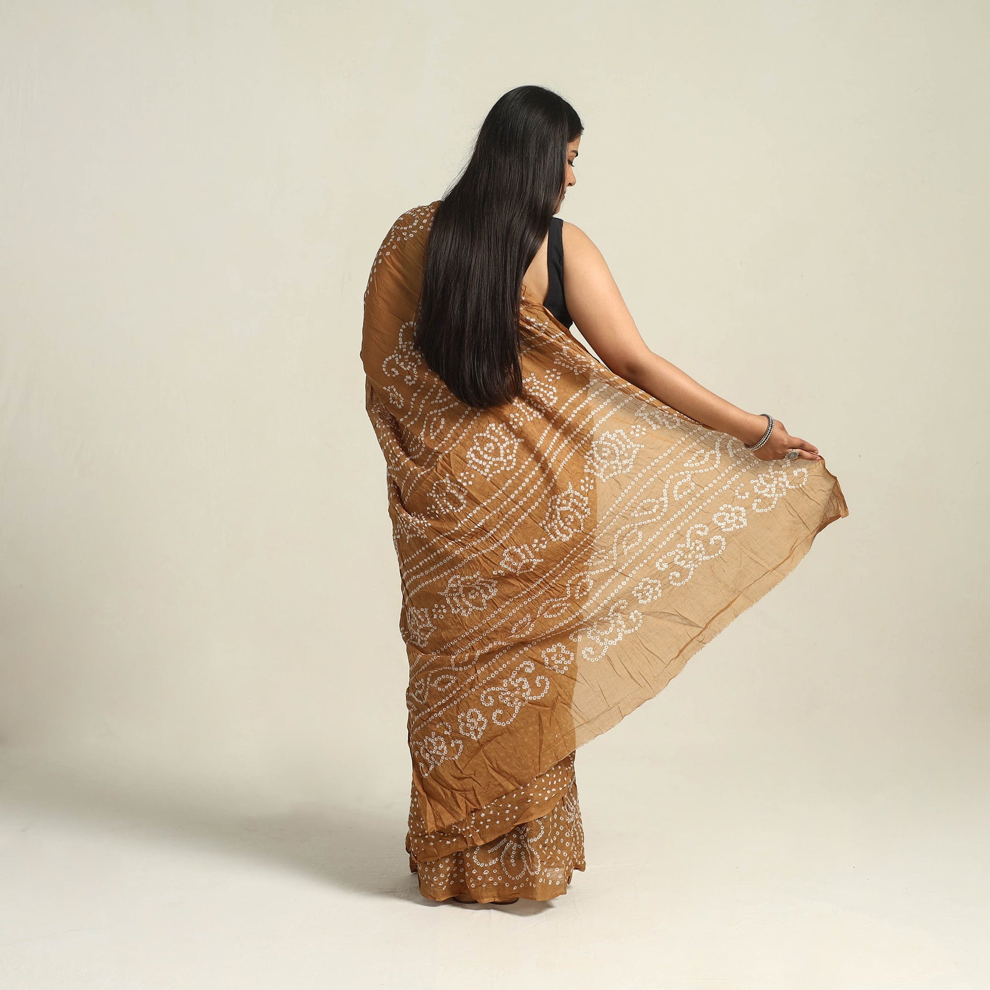 Brown - Kutch Bandhani Tie-Dye Cotton Saree with Blouse Piece