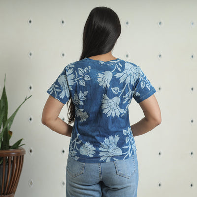 Blue - Bindaas Block Art Printed Cotton Women V Neck T-shirt 04