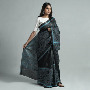 Black - Bengal Kantha Hand Embroidery Pure Tussar Silk Handloom Saree