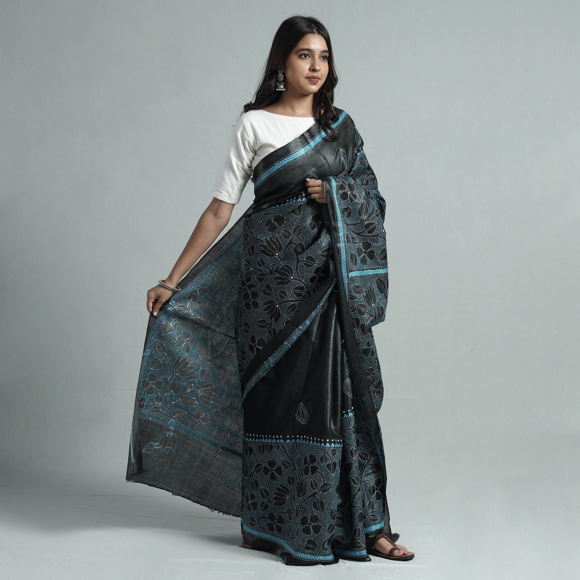 Black - Bengal Kantha Hand Embroidery Pure Tussar Silk Handloom Saree