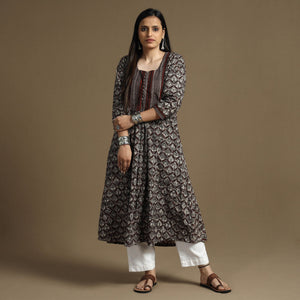 Brown - Bagru Hand Block Printed Cotton A-Line Long Kurta