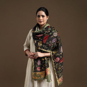 Black - Handpainted Chanderi Silk Pen Kalamkari Stole 02