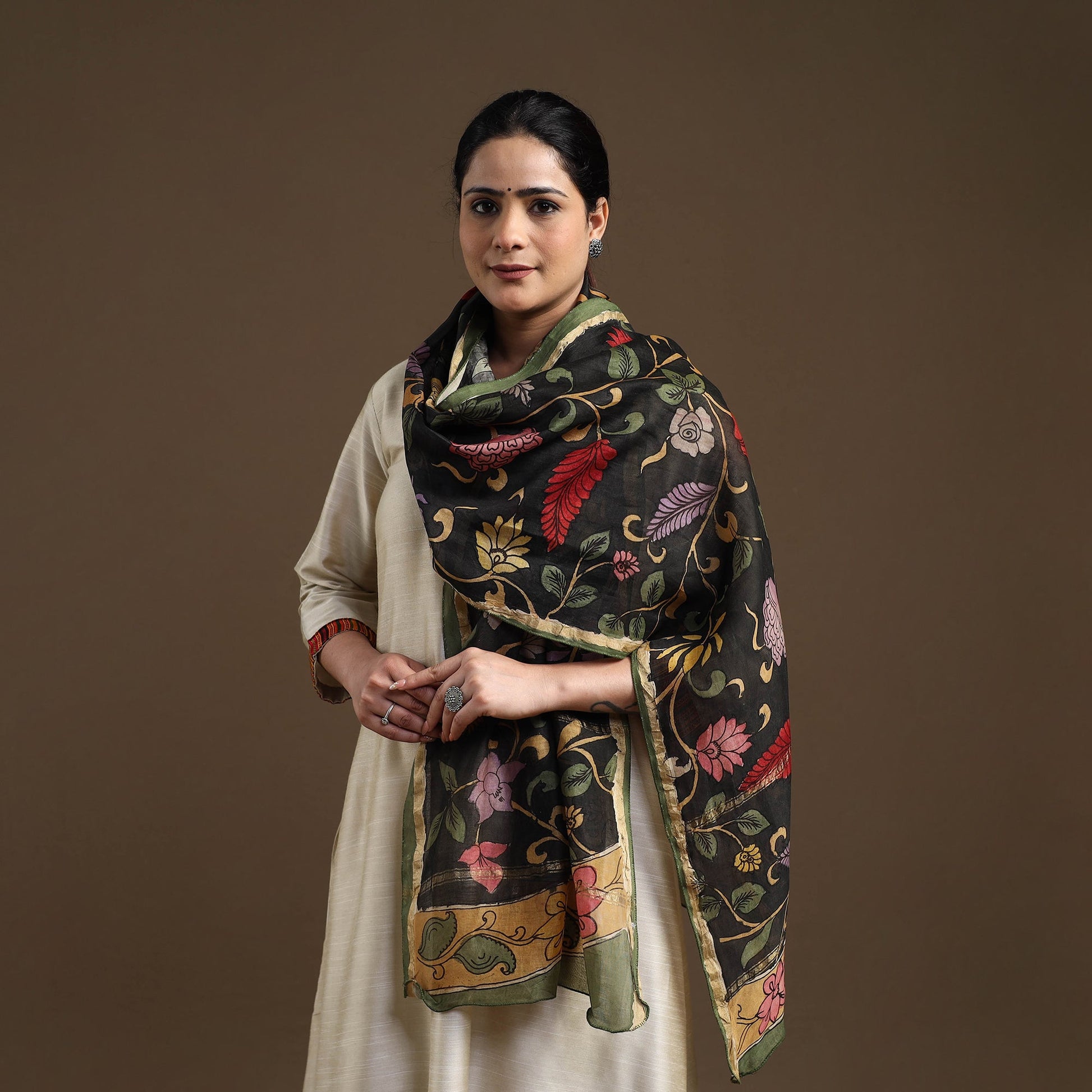 Black - Handpainted Chanderi Silk Pen Kalamkari Stole 02
