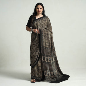 Brown - Block Printed Mul Cotton Ajrakh Saree