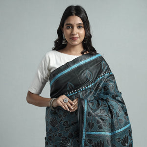 Black - Bengal Kantha Hand Embroidery Pure Tussar Silk Handloom Saree