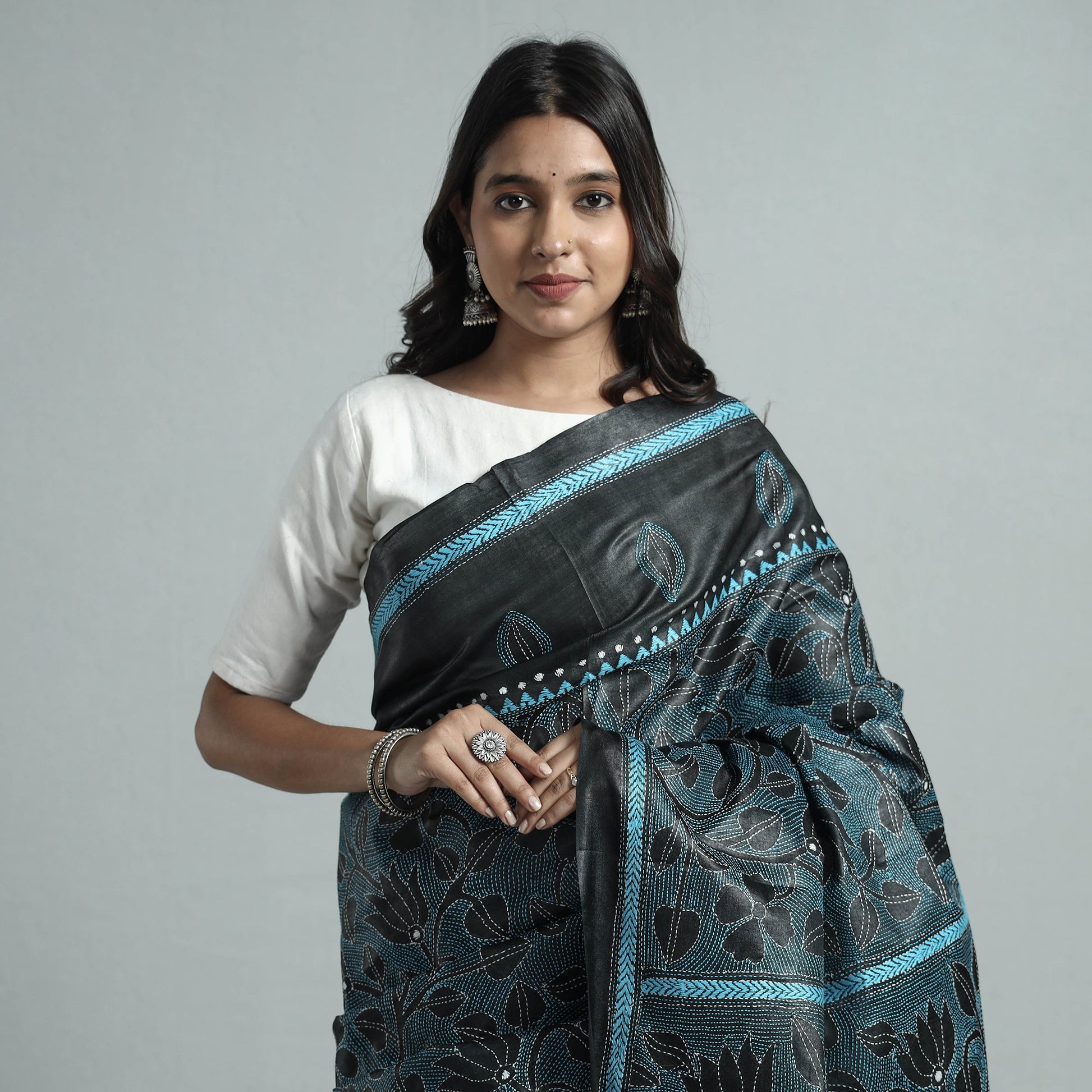 Black - Bengal Kantha Hand Embroidery Pure Tussar Silk Handloom Saree