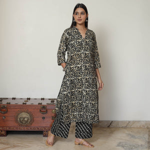 Black - Hand Batik Printed Cotton Kurta with Palazzo & Dupatta Set 14