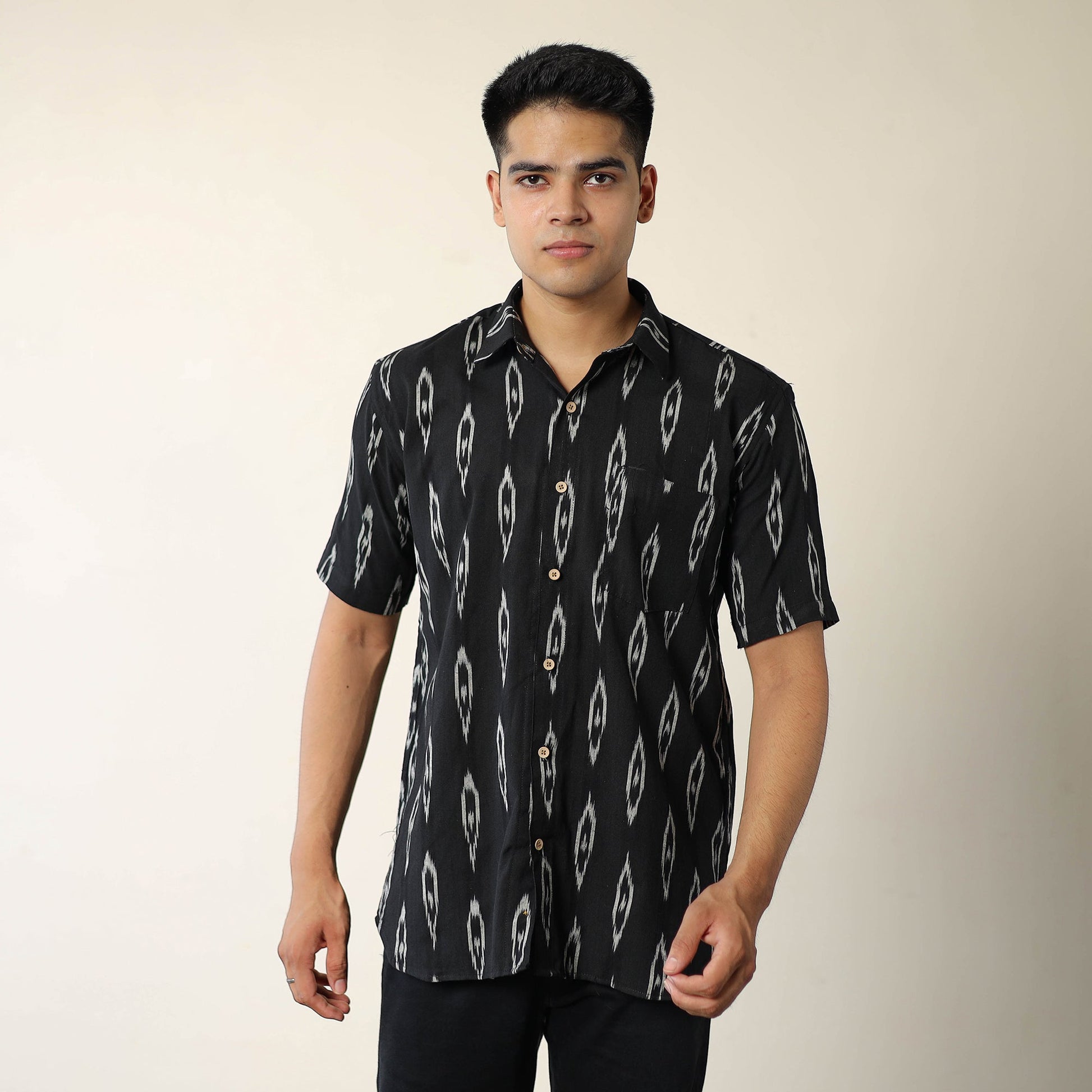 Black - Pochampally Ikat Weave Cotton Men Half Sleeve Shirt 05
