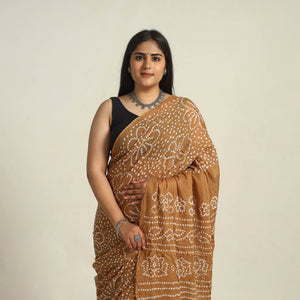Brown - Kutch Bandhani Tie-Dye Cotton Saree with Blouse Piece