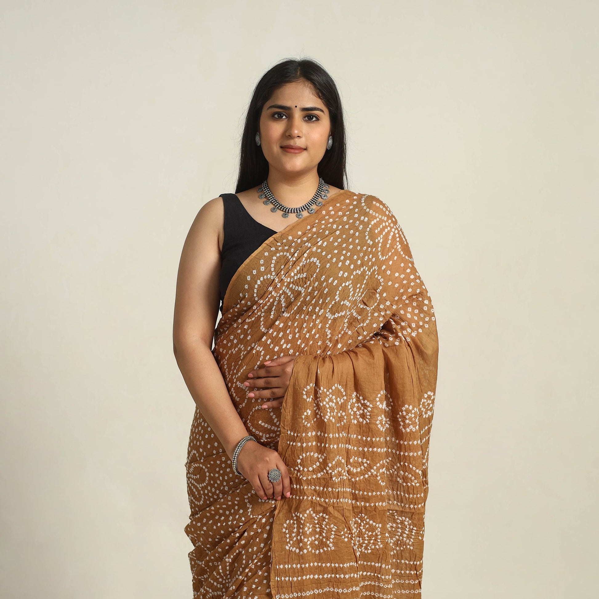 Brown - Kutch Bandhani Tie-Dye Cotton Saree with Blouse Piece