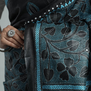 Black - Bengal Kantha Hand Embroidery Pure Tussar Silk Handloom Saree