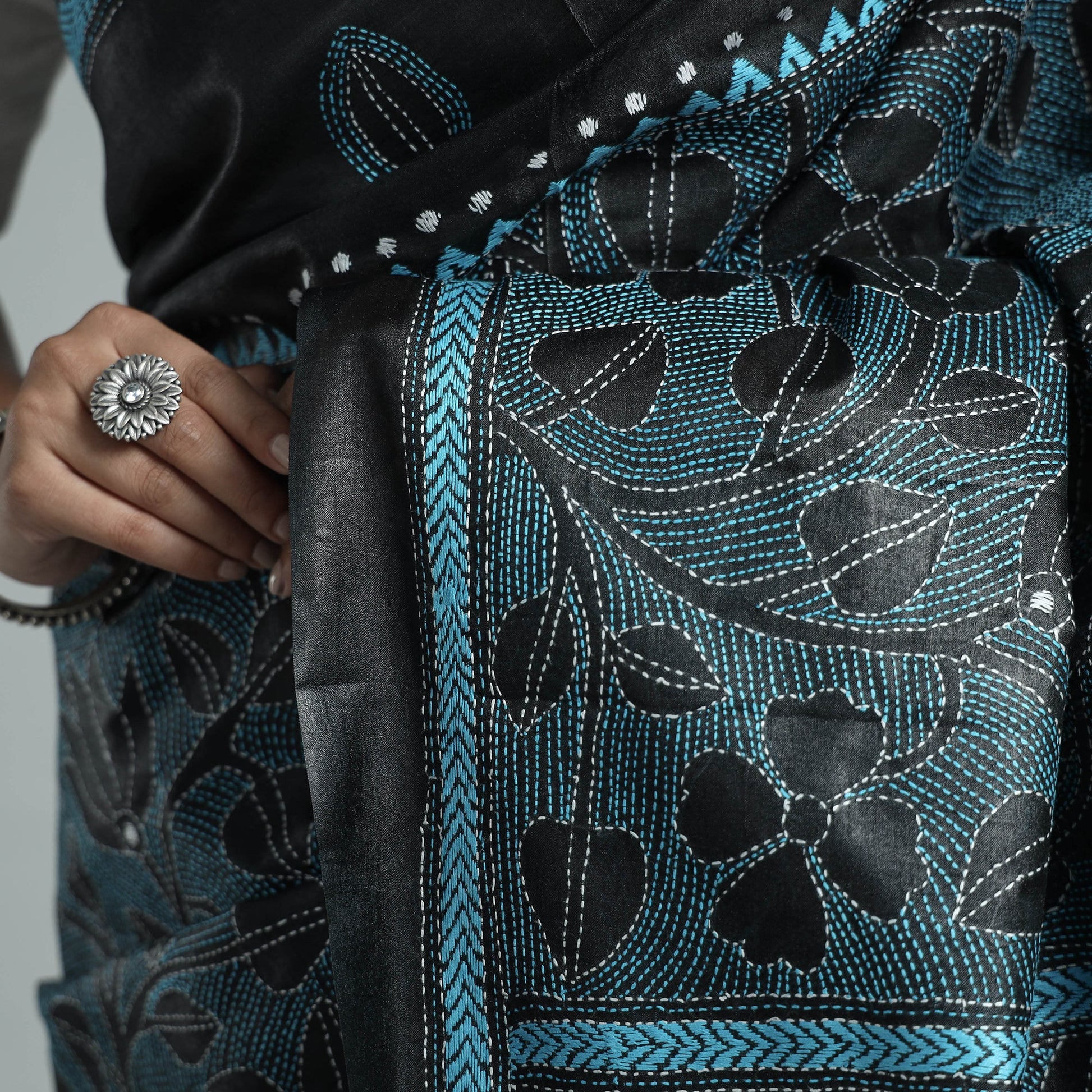 Black - Bengal Kantha Hand Embroidery Pure Tussar Silk Handloom Saree