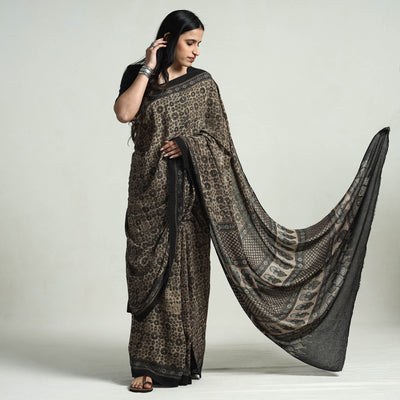 Brown - Block Printed Mul Cotton Ajrakh Saree