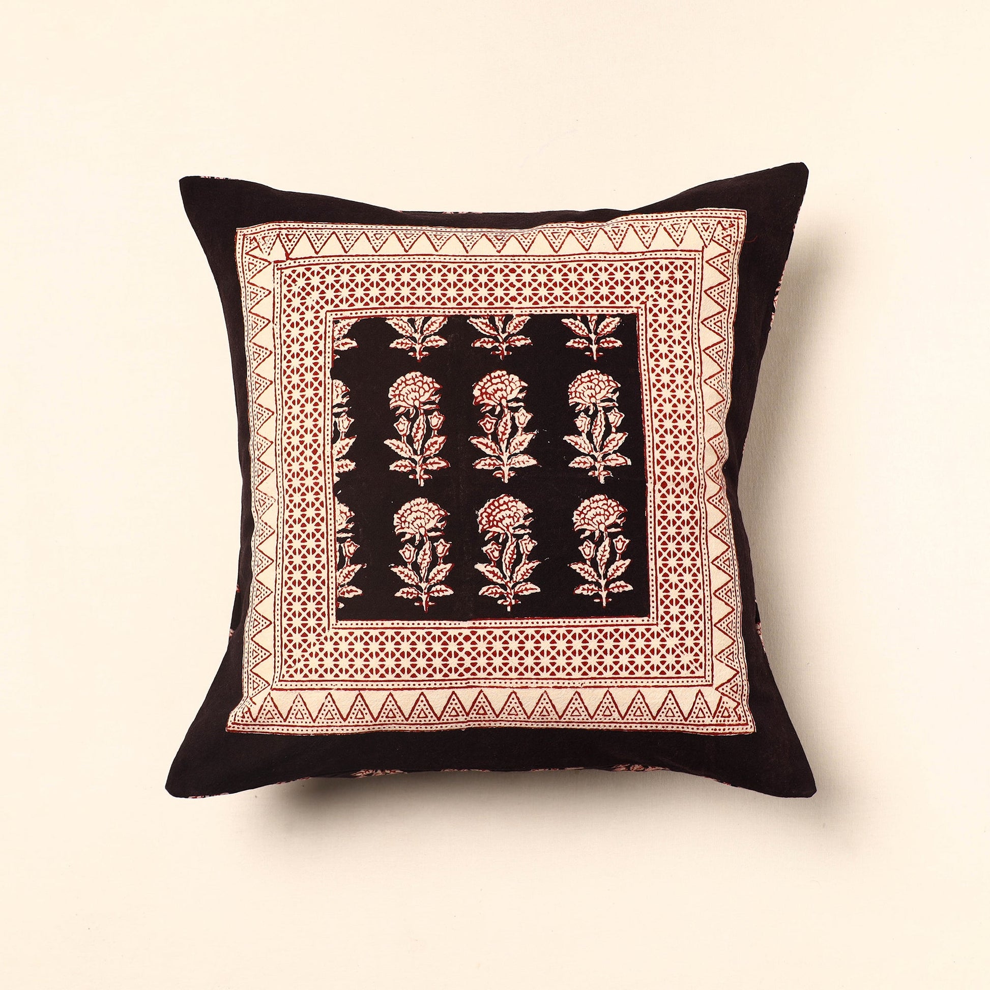 Brown - Bagh Block Printed Cotton Cushion Cover (16 x 16 in) 28