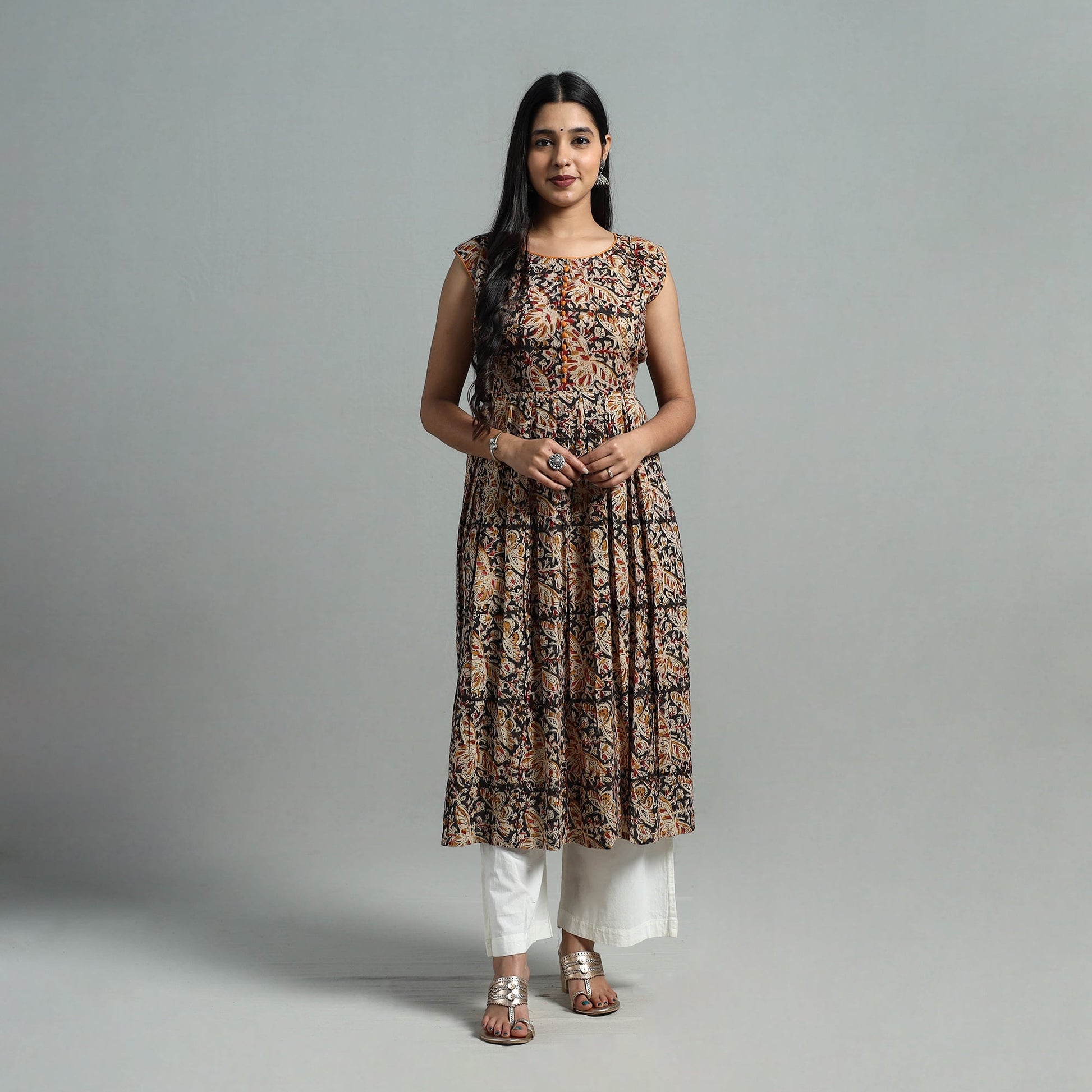 Black - Block Print Cotton Flared Kalamkari Kurta 05