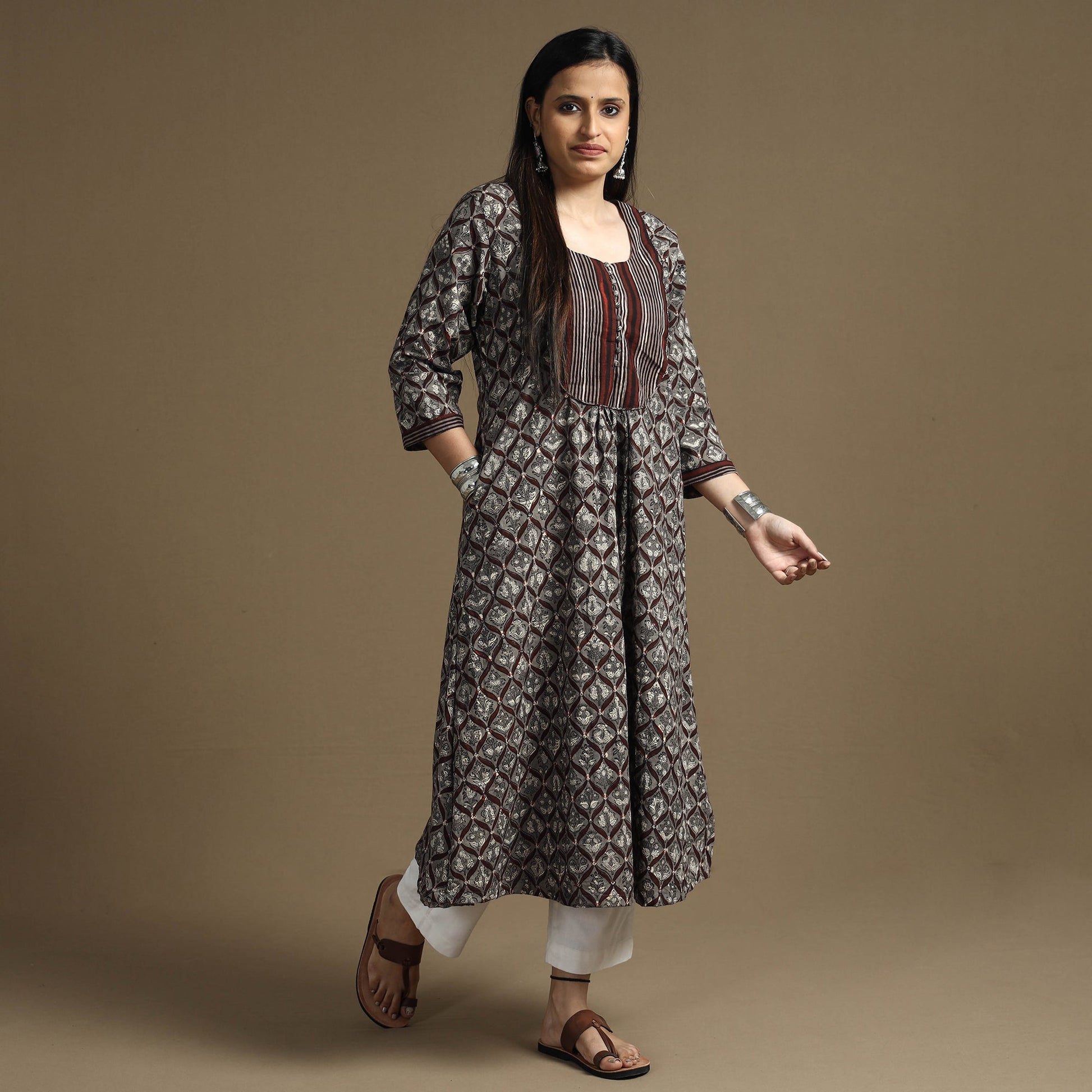 Brown - Bagru Hand Block Printed Cotton A-Line Long Kurta