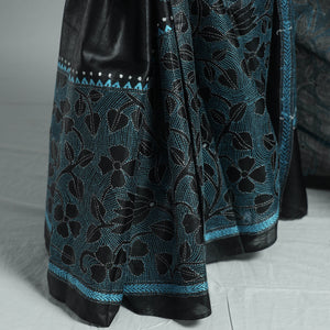 Black - Bengal Kantha Hand Embroidery Pure Tussar Silk Handloom Saree