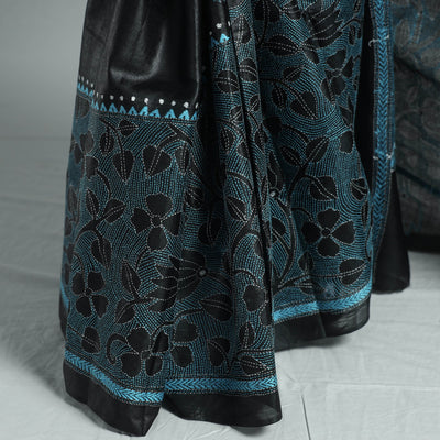 Black - Bengal Kantha Hand Embroidery Pure Tussar Silk Handloom Saree