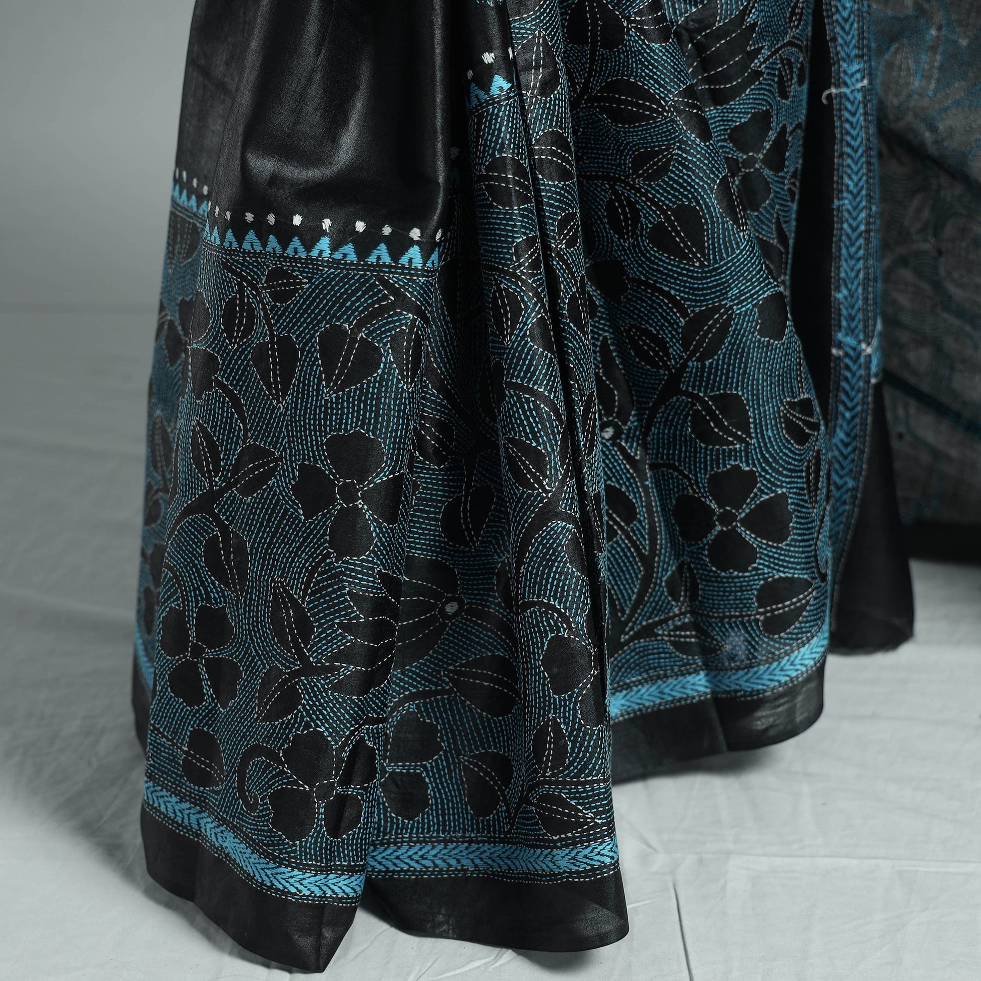 Black - Bengal Kantha Hand Embroidery Pure Tussar Silk Handloom Saree