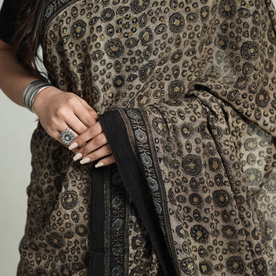 Brown - Block Printed Mul Cotton Ajrakh Saree