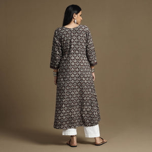 Brown - Bagru Hand Block Printed Cotton A-Line Long Kurta