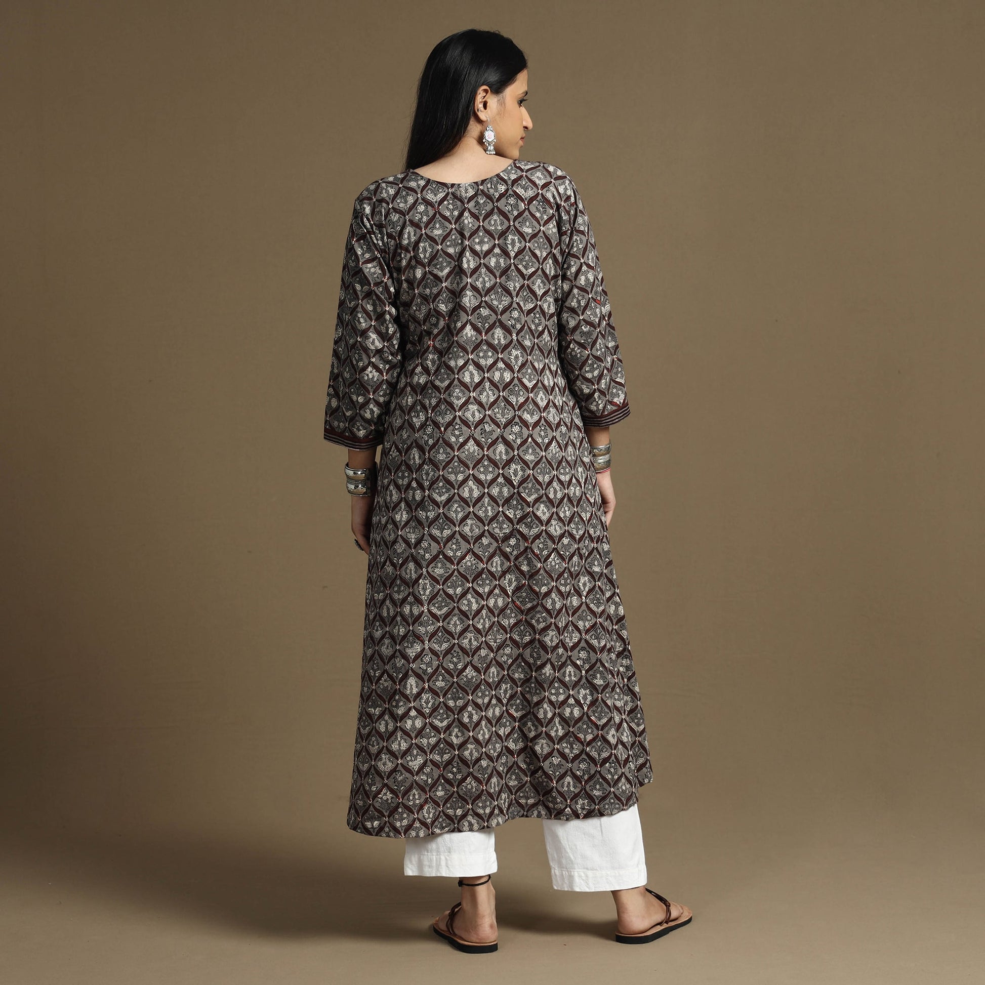 Brown - Bagru Hand Block Printed Cotton A-Line Long Kurta