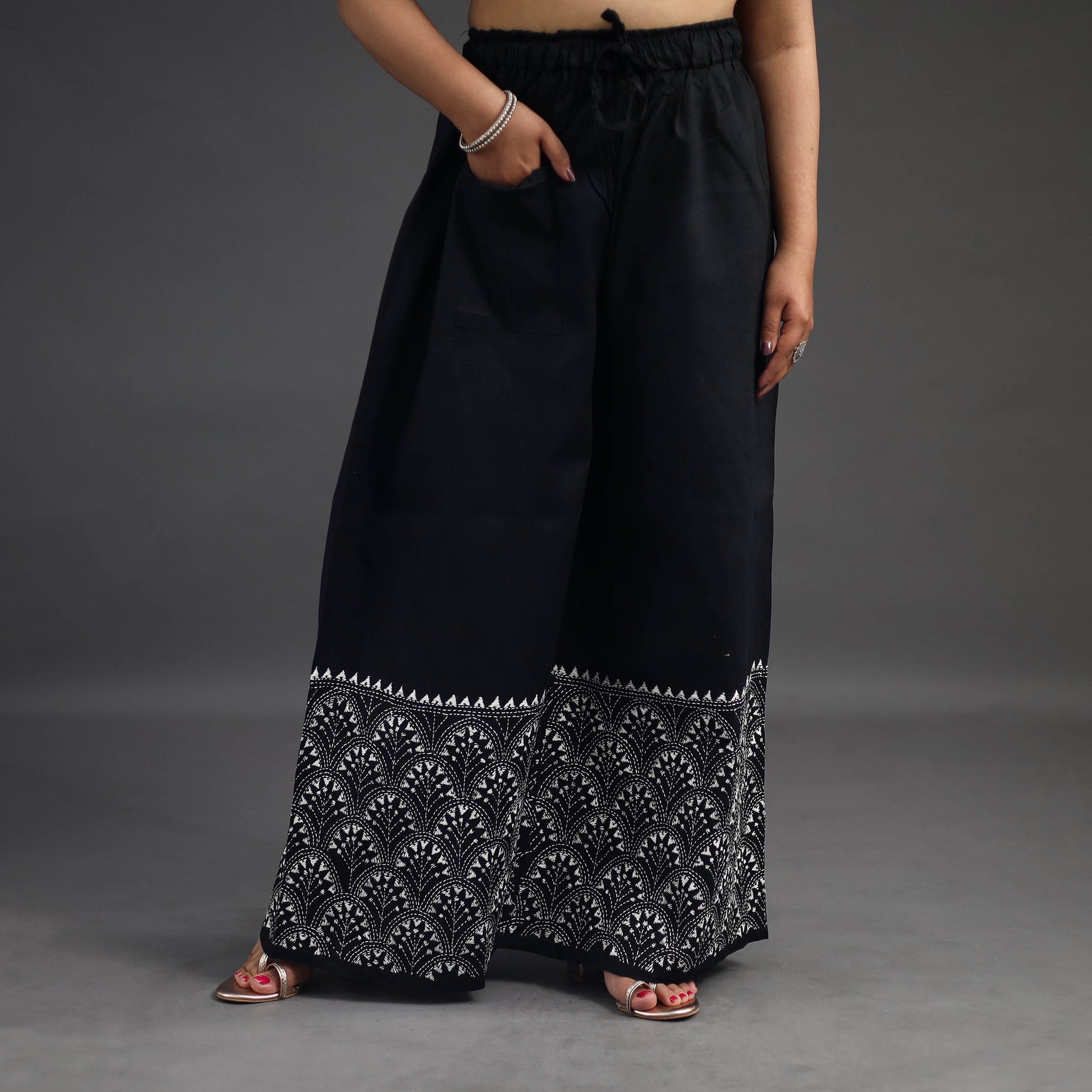 Black - Kantha Hand Embroidery Palazzo in Cotton 04