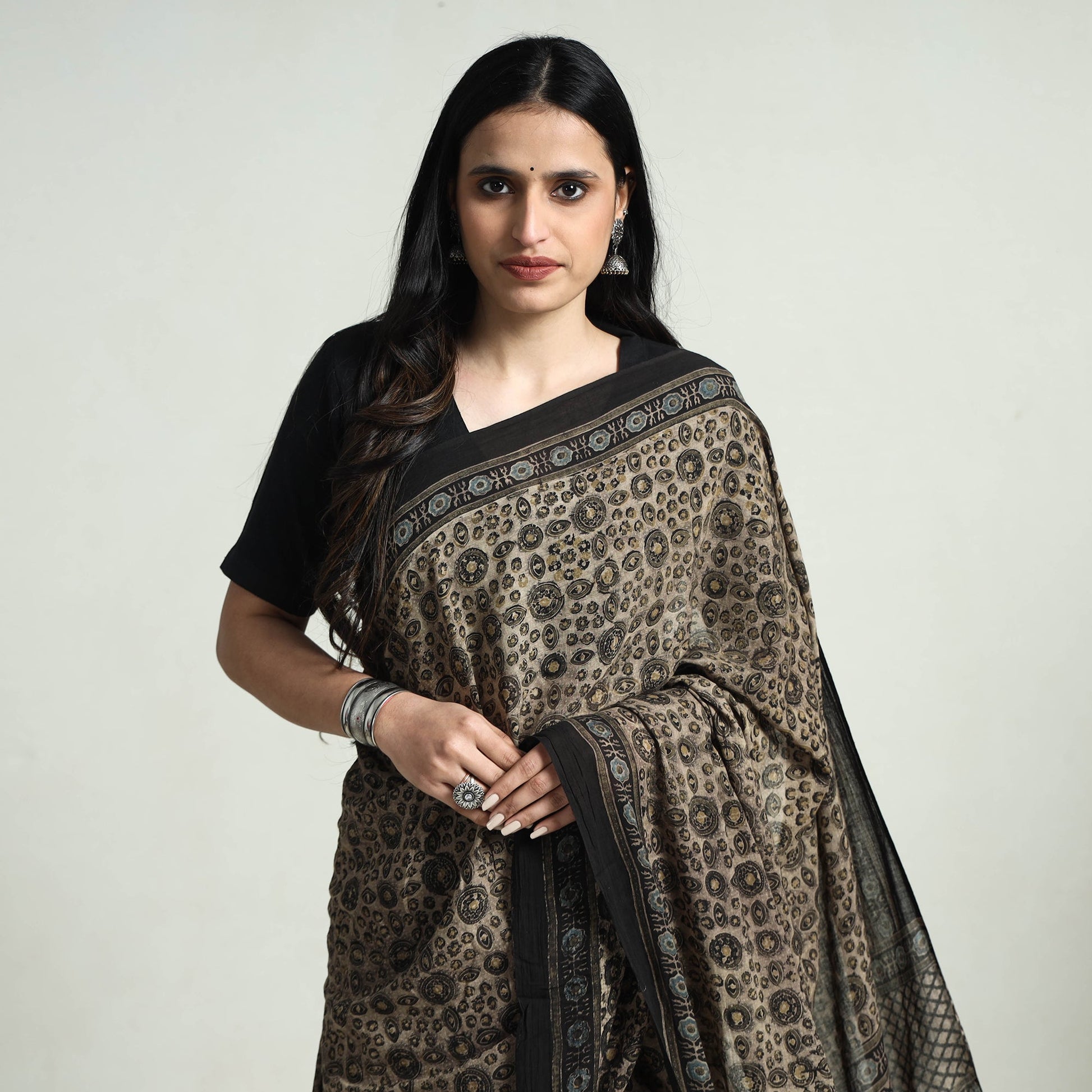 Brown - Block Printed Mul Cotton Ajrakh Saree