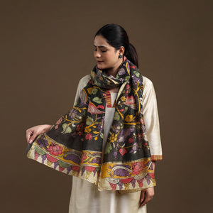 Black - Handpainted Chanderi Silk Pen Kalamkari Stole 03