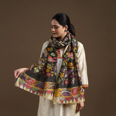 Black - Handpainted Chanderi Silk Pen Kalamkari Stole 03