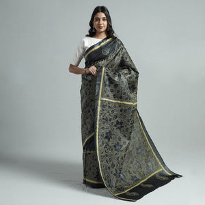 Black - Bengal Kantha Hand Embroidery Pure Tussar Silk Handloom Saree