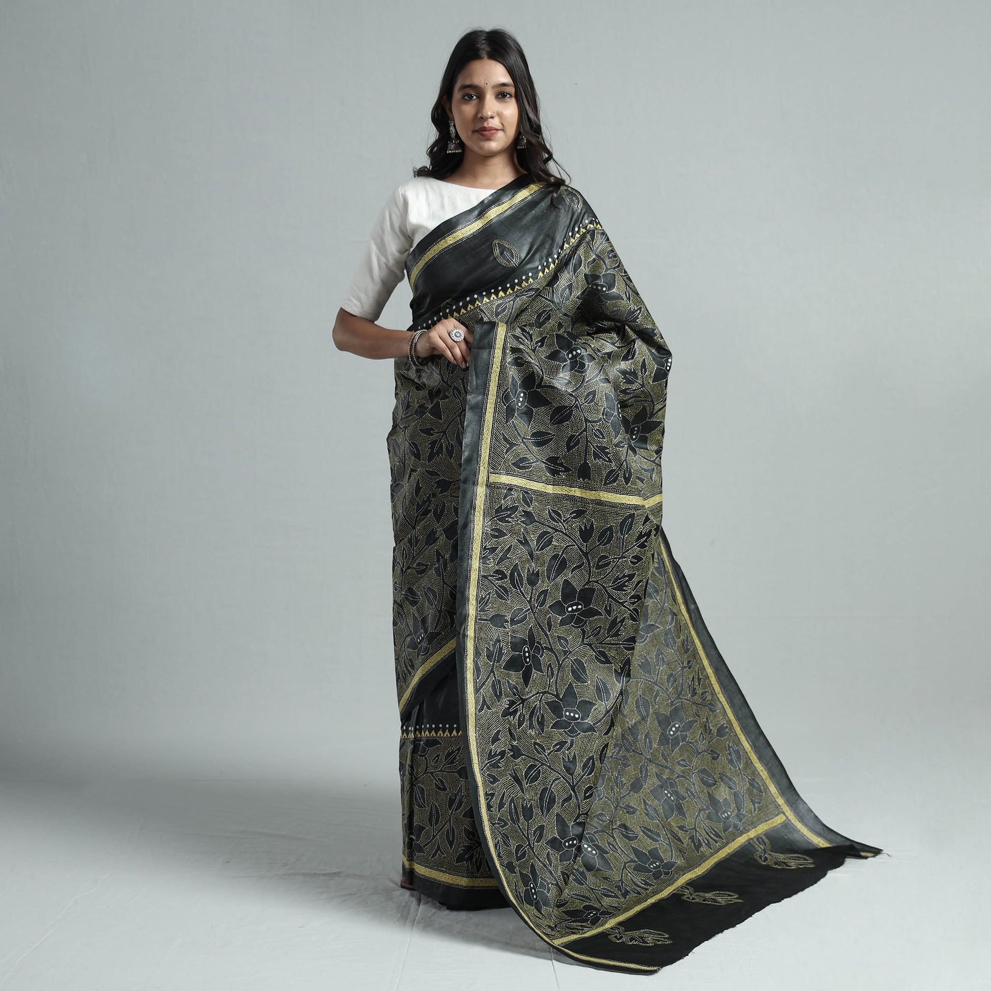 Black - Bengal Kantha Hand Embroidery Pure Tussar Silk Handloom Saree