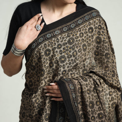 Brown - Block Printed Mul Cotton Ajrakh Saree
