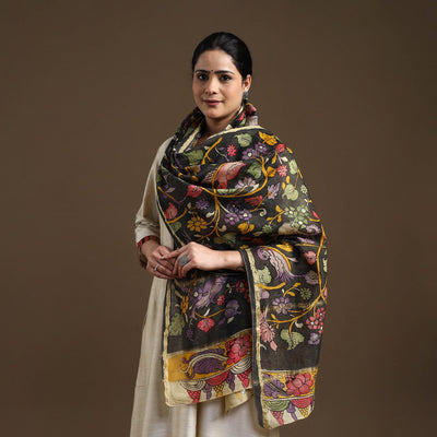 Black - Handpainted Chanderi Silk Pen Kalamkari Stole 03