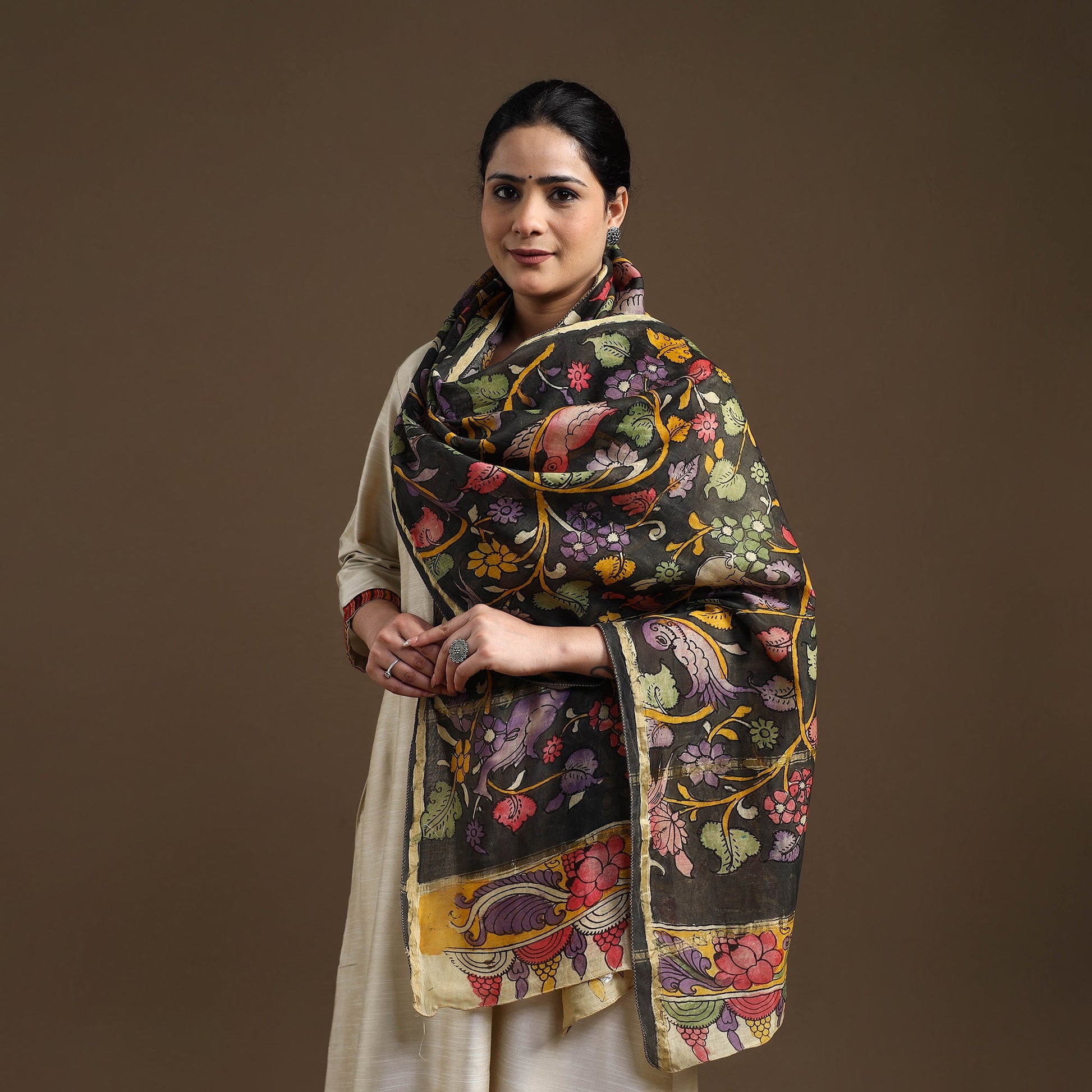 Black - Handpainted Chanderi Silk Pen Kalamkari Stole 03