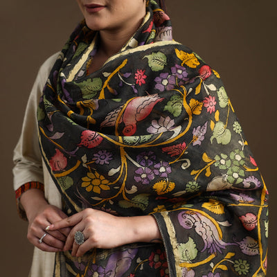 Black - Handpainted Chanderi Silk Pen Kalamkari Stole 03