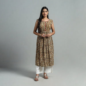 Brown - Block Print Cotton Flared Kalamkari Kurta 04